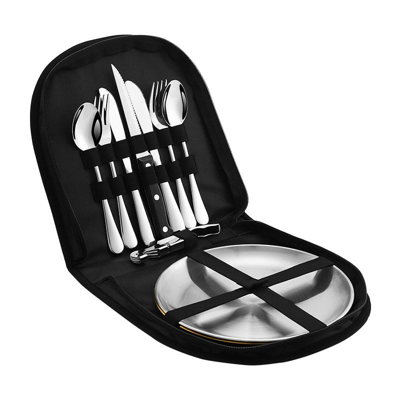 Set Vaisselle Camping 2 Personnes - Assiettes Et Couverts Inox - Sac De Rangement - Idéal Bivouac
